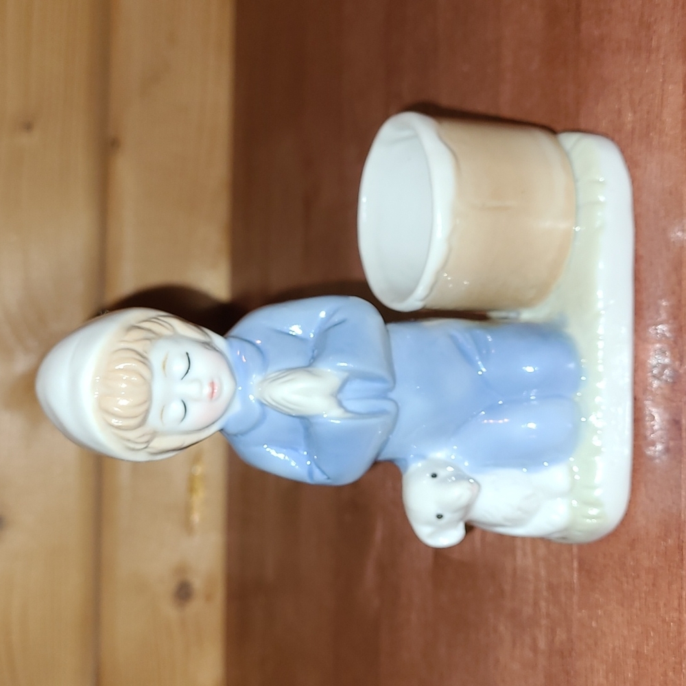 VTG Praying Blue Robe Child & Dog or Lamb Ceramic Figurine Votive Candle Holder